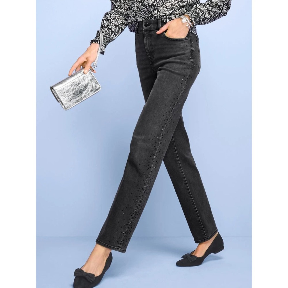Talbots Embellished High Waist Relaxed Jeans Black Rhinestone Crystal Size 14 - Picture 1 of 16